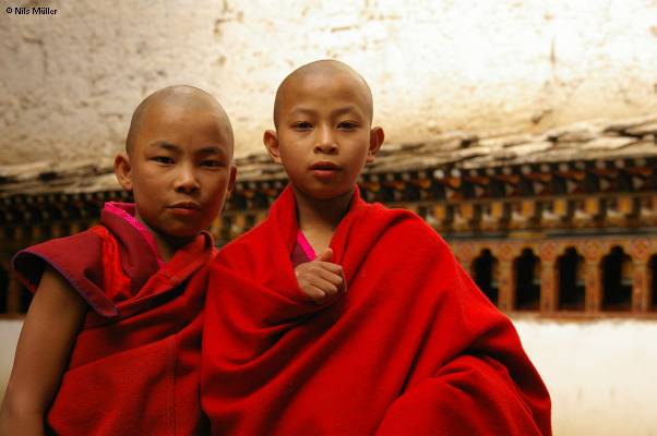 Bhutan; Paro; kleine Mönche im Paro Dzong